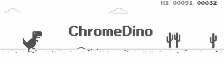 Chrome Dino offline runner game screen with cacti and score